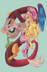 Size: 3300x5100 | Tagged: safe, artist:ashley-the-muffin, discord, fluttershy, draconequus, pegasus, pony, g4, the last problem, absurd resolution, duo, female, flying, looking at each other, looking at someone, male, mare, older, older fluttershy, ship:discoshy, shipping, simple background, smiling, straight