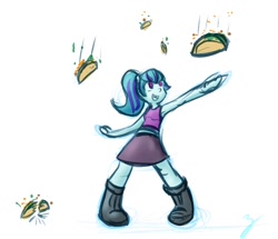 Size: 960x824 | Tagged: safe, artist:zutcha, sonata dusk, human, equestria girls, g4, armpits, female, food, pointing, simple background, sketch, solo, sonataco, taco, white background