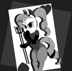 Size: 5036x4961 | Tagged: safe, artist:realgero, rarity, unicorn, semi-anthro, g4, alternate hairstyle, arm hooves, black and white, clothes, costume, grayscale, latex, monochrome, simple background, solo