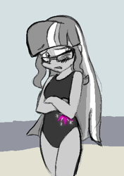 Size: 331x470 | Tagged: safe, artist:zutcha, sci-twi, twilight sparkle, human, equestria girls, g4, beach, clothes, crossed arms, female, looking away, loose hair, not silver spoon, one-piece swimsuit, partial color, solo, swimsuit