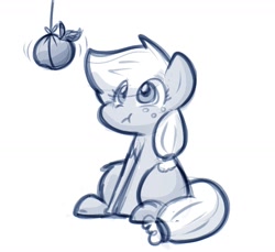 Size: 1172x1075 | Tagged: safe, artist:zutcha, applejack, earth pony, pony, g4, :t, apple, cute, eye clipping through hair, eyes on the prize, female, food, hatless, herbivore, jackabetes, looking at something, looking up, mare, missing accessory, monochrome, simple background, solo, string, that pony sure does love apples, white background