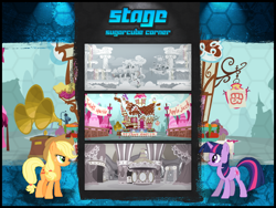 Size: 640x480 | Tagged: safe, applejack, twilight sparkle, earth pony, pony, unicorn, fighting is magic, g4, cancelled, carousel boutique, cloudsdale, stage, sugarcube corner