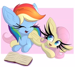 Size: 4096x3694 | Tagged: safe, artist:windykirin, fluttershy, rainbow dash, pegasus, pony, g4, :3, book, cute, daaaaaaaaaaaw, dashabetes, duo, duo female, ear fluff, eyes closed, female, folded wings, high res, impossibly long eyelashes, lesbian, long eyelashes, looking at each other, looking at someone, lying down, mare, missing cutie mark, open mouth, open smile, prone, ship:flutterdash, shipping, shyabetes, smiling, smiling at each other, wings