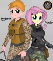 Size: 1080x1225 | Tagged: safe, artist:edy_january, artist:jake_mccray_, big macintosh, fluttershy, human, equestria girls, g4, alternate name, american flag, ar-15, assault rifle, body armor, bullpup assault rifle, call of duty, call of duty warzone, call of duty: modern warfare 2, camouflage, clothes, duo, duo male and female, female, freckles, gray background, gun, male, military, military uniform, rifle, sai ar-15, ship:fluttermac, shipping, simple background, smiling, soldier, special forces, straight, tar21, tarvor 21, uniform, united states, weapon