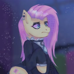 Size: 5000x5000 | Tagged: safe, artist:mirawoe, fluttershy, pegasus, pony, g4, clothes, dress, ear piercing, earring, female, fluttergoth, frown, jewelry, mare, piercing, raised hoof, sitting, solo, wingless