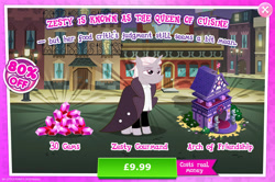 Size: 1960x1301 | Tagged: safe, gameloft, zesty gourmand, pony, unicorn, g4, my little pony: magic princess, official, advertisement, bush, cloak, clothes, costs real money, english, female, gem, horn, introduction card, mare, mobile game, numbers, sale, shirt, solo, statue, text