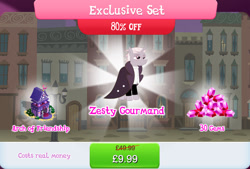 Size: 1267x856 | Tagged: safe, gameloft, zesty gourmand, pony, unicorn, g4, my little pony: magic princess, official, bundle, bush, cloak, clothes, costs real money, english, exclusive set, female, gem, horn, mare, mobile game, numbers, sale, shirt, solo, statue, text