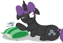 Size: 4400x3050 | Tagged: safe, artist:hexals, oc, oc only, oc:hexaline equeeb, pony, unicorn, base used, black coat, butt, floppy ears, glasses, lying down, messy mane, messy tail, pillow, plot, purple eyes, purple mane, purple tail, simple background, solo, tail, tail wrap, transparent background