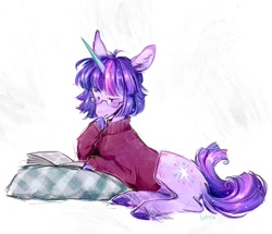 Size: 1233x1058 | Tagged: safe, artist:lutraviolet, twilight sparkle, pony, unicorn, g4, book, clothes, female, glasses, lying down, mare, pillow, reading, redesign, sweater, thinking, unicorn twilight, unshorn fetlocks