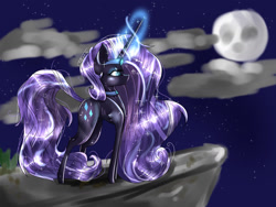Size: 1600x1200 | Tagged: safe, artist:amai-aji, nightmare rarity, pony, unicorn, g4, beautiful, blue eyes, cloud, contemplating, digital art, ethereal mane, ethereal tail, eyeshadow, female, flowing mane, flowing tail, glowing, glowing horn, grass, horn, lidded eyes, lonely, long horn, magic, makeup, mare, moon, night, purple mane, purple tail, sad, solo, sparkles, starry mane, starry tail, stars, tail