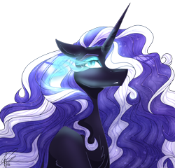 Size: 2500x2397 | Tagged: safe, artist:thatexplicitboyo, nightmare rarity, pony, unicorn, g4, beautiful, blue eyes, bust, chest fluff, digital art, ear fluff, ethereal mane, eyelashes, eyeshadow, female, flowing mane, glowing, glowing eyes, high res, horn, lidded eyes, long mane, looking at you, makeup, mare, open mouth, portrait, purple mane, redraw, signature, simple background, solo, sparkles, starry mane, stars, transparent background