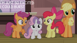 Size: 2000x1125 | Tagged: safe, edit, edited screencap, editor:quoterific, screencap, apple bloom, applejack, scootaloo, sweetie belle, earth pony, pegasus, pony, unicorn, g4, one bad apple, cutie mark crusaders, female, filly, foal, mare, train station