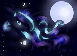 Size: 3656x2665 | Tagged: safe, artist:galaxynight100, princess luna, alicorn, pony, g4, black background, blue eyes, blue mane, bust, crown, dark, digital art, ethereal mane, female, flowing mane, gem, glowing, high res, horn, jewelry, looking at you, mare, moonlight, night, peytral, regalia, simple background, smiling, smiling at you, solo, sparkles, starry mane, stars