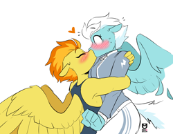 Size: 1316x1022 | Tagged: safe, artist:redxbacon, fleetfoot, spitfire, pegasus, anthro, blue swimsuit, blush lines, blushing, blushing profusely, clenched fist, clothes, ears back, eyes closed, female, fleetfire, floating heart, heart, jacket, kiss on the lips, kissing, lesbian, one-piece swimsuit, partially open wings, shipping, shrunken pupils, simple background, spread wings, surprise kiss, surprised, sweat, sweatdrop, swimsuit, tanktop, tracksuit, warmup suit, white background, wings