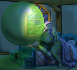 Size: 2559x2310 | Tagged: safe, artist:blues64, artist:marauder6272, fluttershy, pegasus, anthro, unguligrade anthro, g4, adorasexy, balloon, balloon fetish, bedroom, big breasts, blowershy, blowing up balloons, blushing, breasts, busty fluttershy, clothes, curvy, cute, eyes closed, female, fetish, high res, hourglass figure, huge breasts, impossibly large breasts, inflating, large butt, loonershy, pajamas, puffy cheeks, sexy, solo, story included, that pony sure does love balloons, wide hips