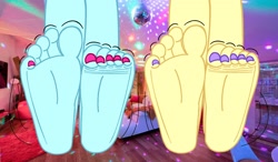 Size: 3260x1909 | Tagged: safe, artist:wallflowerblusheqg, kiwi lollipop, supernova zap, human, equestria girls, g4, barefoot, base, base used, dancing, feet, female, fetish, foot fetish, foot focus, k-lo, legs, nail polish, pictures of legs, postcrush, soles, solo, su-z, toenail polish, toes, wiggling toes