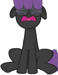 Size: 724x936 | Tagged: safe, artist:hexals, oc, oc only, oc:hexaline equeeb, pony, unicorn, base used, black coat, crying, floppy ears, glasses, messy mane, messy tail, purple mane, purple tail, simple background, sitting, solo, tail, white background