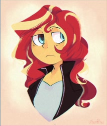 Size: 1938x2271 | Tagged: safe, artist:urbanqhoul, sunset shimmer, human, equestria girls, g4, bored, bust, clothes, female, hair over one eye, simple background, solo