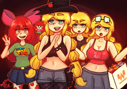 Size: 2077x1466 | Tagged: safe, artist:nightkrisart, apple bloom, applejack, human, g4, amy rose, apple sisters, bag, belly button, blush sticker, blushing, breasts, busty applejack, chibi, cleavage, clothes, glasses, hat, humanized, midriff, open mouth, open smile, peace sign, shirt, shorts, siblings, sisters, skirt, smiling, sonic the hedgehog (series), t-shirt, tank top, triality, whataburger