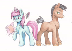 Size: 5970x4249 | Tagged: safe, artist:lightisanasshole, oc, oc:belle boue, oc:oak wood, earth pony, pony, unicorn, absurd resolution, duo, duo male, looking back, magic, male, paper, pencil, serious, serious face, simple background, telekinesis, traditional art, watercolor painting