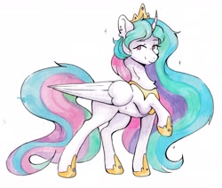 Size: 4847x4110 | Tagged: safe, artist:lightisanasshole, princess celestia, alicorn, pony, g4, absurd resolution, aside glance, concave belly, crown, curved horn, female, flowing mane, folded wings, hoof shoes, horn, jewelry, looking at you, mare, necklace, peytral, princess shoes, raised hoof, regalia, shoes, simple background, smiling, smiling at you, solo, sparkles, standing, sternocleidomastoid, three quarter view, traditional art, watercolor painting, wings