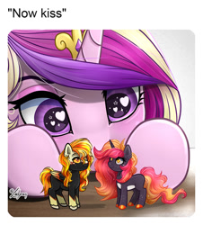 Size: 1024x1134 | Tagged: safe, alternate character, alternate version, artist:lailyren, princess cadance, oc, pegasus, pony, unicorn, g4, commission, female, heart, heart eyes, mare, now kiss, oc x oc, shipper on deck, shipping, toy, wingding eyes, ych result