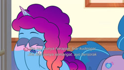 Size: 3072x1727 | Tagged: safe, screencap, izzy moonbow, misty brightdawn, pony, unicorn, g5, my little pony: tell your tale, sparkle school, spoiler:g5, spoiler:my little pony: tell your tale, spoiler:tyts01e58, eyes closed, female, hasbro hates dubbing songs, hasbro is not dubbing songs, indonesian, mare, offscreen character, rebirth misty, solo focus, subtitles, up (song)