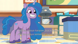 Size: 3072x1727 | Tagged: safe, screencap, izzy moonbow, pony, unicorn, g5, my little pony: tell your tale, sparkle school, spoiler:g5, spoiler:my little pony: tell your tale, spoiler:tyts01e58, female, grin, indonesian, mare, smiling, solo, subtitles, up (song)