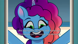 Size: 3072x1727 | Tagged: safe, screencap, misty brightdawn, pony, unicorn, g5, my little pony: tell your tale, sparkle school, spoiler:g5, spoiler:my little pony: tell your tale, spoiler:tyts01e58, female, indonesian, mare, open mouth, open smile, rebirth misty, smiling, solo, subtitles, up (song)