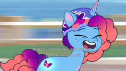 Size: 3072x1727 | Tagged: safe, screencap, misty brightdawn, pony, unicorn, g5, my little pony: tell your tale, sparkle school, spoiler:g5, spoiler:my little pony: tell your tale, spoiler:tyts01e58, eyes closed, female, helmet, indonesian, mare, open mouth, open smile, rebirth misty, smiling, solo, subtitles, up (song)