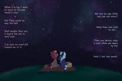 Size: 3000x2000 | Tagged: safe, artist:lionbun, oc, oc:junkers, oc:midnight gleam, earth pony, pony, alternate universe, colt, comic sans, cute, fanfic, female, filly, foal, friends, high res, male, night, night sky, sky, stargazing, story included, wholesome