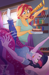 Size: 2030x3081 | Tagged: safe, artist:theretroart88, sci-twi, sunset shimmer, twilight sparkle, human, equestria girls, g4, alarm clock, bed, bedroom, big breasts, birthday, birthday cake, birthday surprise, blanket, book, bookshelf, breasts, busty sci-twi, busty sunset shimmer, busty twilight sparkle, cake, cleavage, clock, clothes, derp, dialogue, digital art, duo, duo female, emanata, female, flailing, food, glasses off, high res, lesbian, motion lines, open mouth, open smile, paint tool sai, pajamas, pillow, ship:sci-twishimmer, ship:sunsetsparkle, shipping, shirt, signature, smiling, socks, sparkler (firework), startled, surprise party, text, waking up, window