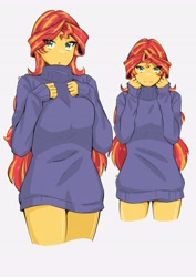 Size: 3307x4677 | Tagged: safe, artist:deeemperor, sunset shimmer, human, equestria girls, g4, adorasexy, breasts, busty sunset shimmer, clothes, cute, embarrassed, female, looking at you, no pants, open mouth, sexy, shimmerbetes, simple background, solo, sweater, turtleneck, white background