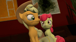 Size: 1200x675 | Tagged: safe, artist:triforceellie, apple bloom, applejack, earth pony, pony, g4, 3d, animated, apple sisters, blinking, couch, faic, female, filly, foal, gif, gmod, looking at you, mare, siblings, sisters