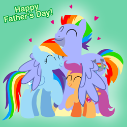 Size: 1400x1400 | Tagged: safe, artist:mlplary6, bow hothoof, rainbow dash, scootaloo, pegasus, pony, g4, ^^, adopted, adopted offspring, adoption, cute, eyes closed, father and child, father and daughter, father's day, female, filly, foal, gradient background, heartwarming, hug, male, mare, scootadoption, scootalove, siblings, sisters, stallion, text, wholesome