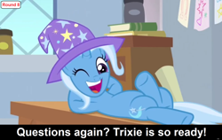 Size: 1920x1213 | Tagged: safe, edit, edited screencap, screencap, trixie, pony, unicorn, comic:celestia's servant interview, a horse shoe-in, g4, ;d, caption, clothes, desk, detailed background, female, hat, image macro, interview, lying down, mare, on back, one eye closed, open mouth, open smile, smiling, solo, text, trixie's hat, wink