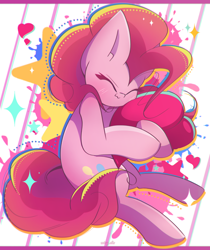Size: 2350x2800 | Tagged: safe, artist:miryelis, pinkie pie, earth pony, pony, g4, big ears, colored, cute, eyes closed, female, heart, high res, hug, long hair, mare, signature, smiling, solo, stars