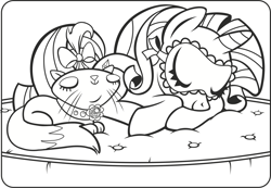 Size: 1474x1019 | Tagged: safe, opalescence, rarity, cat, pony, unicorn, g4, official, black and white, bow, collar, coloring page, curled up, cute, duo, eyes closed, female, grayscale, hair bow, lying down, mare, monochrome, prone, raribetes, sleep mask, sleeping, smiling