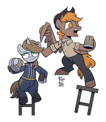 Size: 2000x2300 | Tagged: safe, artist:php104, oc, oc only, oc:calamity, oc:littlepip, pegasus, pony, unicorn, fallout equestria, bipedal, button-up shirt, cider, clothes, fallout, female, high res, jumpsuit, laughing, littlepip is not amused, male, mare, mug, pants, pipbuck, pointing, shirt, simple background, stallion, stool, transparent background, unamused, vault suit, wings