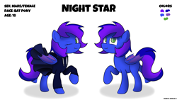 Size: 5120x2880 | Tagged: safe, artist:japkozjad, oc, oc only, oc:nightstaroc, bat pony, pony, bat pony oc, blue fur, clothes, digital art, folded wings, green eyes, hoodie, looking at you, one eye closed, reference sheet, shading, simple background, skirt, solo, text, white background, wings, wink, winking at you