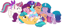 Size: 7115x3255 | Tagged: safe, alternate version, artist:ejlightning007arts, edit, vector edit, hitch trailblazer, izzy moonbow, misty brightdawn, pipp petals, sunny starscout, zipp storm, earth pony, pegasus, pony, unicorn, g4, g5, spoiler:g5, adorapipp, adorazipp, bracelet, coat markings, colored horn, colored wings, cute, eyes closed, female, freckles, g5 to g4, generation leap, gradient mane, group, group hug, happy, hitchbetes, horn, hug, izzybetes, jewelry, lying down, male, mane five, mane six (g5), mane stripe sunny, mare, mistybetes, multicolored hair, rainbow hair, rebirth misty, sextet, simple background, smiling, socks (coat markings), stallion, sunnybetes, tiara, transparent background, vector, wings