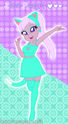 Size: 1643x2993 | Tagged: safe, artist:rainbowstarcolour262, oc, oc only, oc:zina pearl, human, series:equ shadowcats, equestria girls, g4, :d, abstract background, armpits, arms in the air, bare shoulders, boob window, breasts, busty zina pearl, cat ears, cat tail, cleavage, clothes, crystal prep shadowbolts, ear piercing, earring, eyeshadow, female, happy, jewelry, makeup, open mouth, open smile, piercing, ponytail, signature, skirt, sleeveless, smiling, socks, solo, stocking feet, stockings, tail, thigh highs