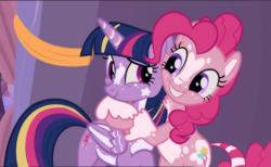 Size: 1199x738 | Tagged: safe, artist:sugvr_alien, edit, edited screencap, screencap, pinkie pie, twilight sparkle, alicorn, earth pony, pony, g4, the summer sun setback, alternate design, duo, female, hug, smiling, twilight sparkle (alicorn)