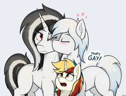 Size: 5100x3900 | Tagged: safe, artist:marusya, oc, oc only, oc:schworz, oc:snowhors, oc:vega pakhomenko, earth pony, pony, unicorn, blushing, cheek kiss, chest fluff, ear fluff, height difference, horn, kissing, simple background, sternocleidomastoid, tail, talking, that's gay