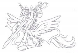 Size: 2365x1622 | Tagged: safe, artist:foldawaywings, twilight sparkle, alicorn, pony, g4, cape, clothes, female, grayscale, hair bun, hoof shoes, lineart, mare, monochrome, pencil drawing, simple background, sitting, solo, spread wings, sword, traditional art, twilight sparkle (alicorn), weapon, white background, wings