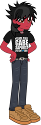 Size: 867x2654 | Tagged: safe, artist:lightningbolt, derpibooru exclusive, human, equestria girls, g4, .svg available, belt, clandestine industries, clothes, denim, equestria girls-ified, eyeliner, fall out boy, hand on hip, happy, jeans, jewelry, makeup, male, necklace, pants, pete wentz, shirt, shoes, show accurate, simple background, smiling, solo, standing, svg, t-shirt, transparent background, undershirt, vector