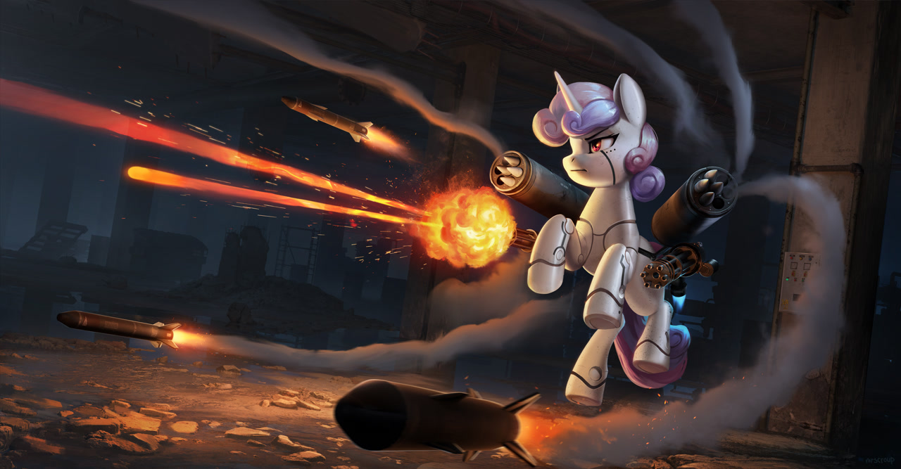 [city,commission,detailed,explosion,minigun,missile,night,pony,red eyes,robot,rocket launcher,ruins,safe,shooting,smoke,solo,sweetie belle,sweetie bot,weapon,artist:mrscroup,robot pony,detailed background]