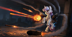 Size: 3107x1620 | Tagged: safe, artist:mrscroup, sweetie belle, pony, robot, robot pony, g4, city, commission, detailed, detailed background, explosion, minigun, missile, night, red eyes, rocket launcher, ruins, shooting, smoke, solo, sweetie bot, weapon