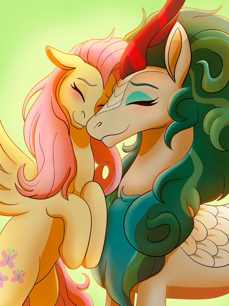 [blushing,cute,digital art,eyelashes,eyes closed,eyeshadow,feather,female,fluttershy,flying,green mane,horn,kirin,lesbian,makeup,mare,pegasus,pink mane,pony,safe,scales,shipping,sky,sunlight,wings,looking at each other,fluttershine,smiling,spread wings,looking at someone,rain shine,smiling at each other,artist:imperiialfrost]