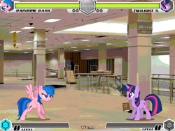 Size: 1080x810 | Tagged: safe, artist:tom artista, firefly, rainbow dash, twilight sparkle, pegasus, pony, unicorn, fighting is magic, g1, g4, book, duo, empty, fan game, female, indoors, mare, new, palette swap, recolor, room, sears, stage, store, unicorn twilight